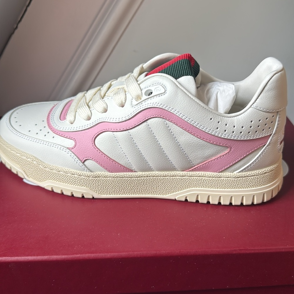 Size 38.5 8.5 US Gucci Re-Web Sneakers White Pink Leather